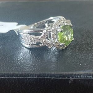 Peridot Silver Ring with Halo, size 5